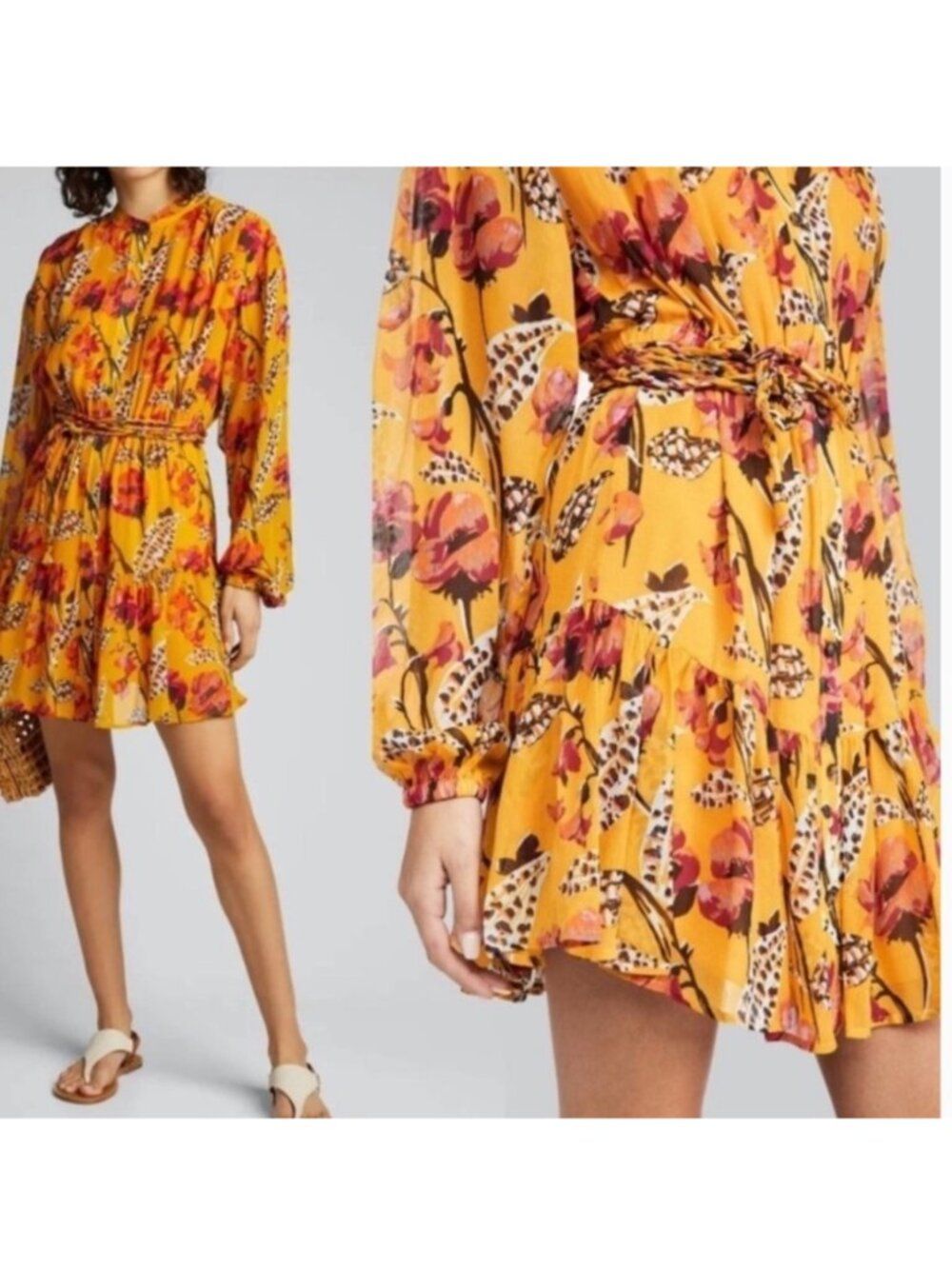A.L.C. Jen Silk Yellow Multi Floral Printed Dress Size 6 100% Silk
